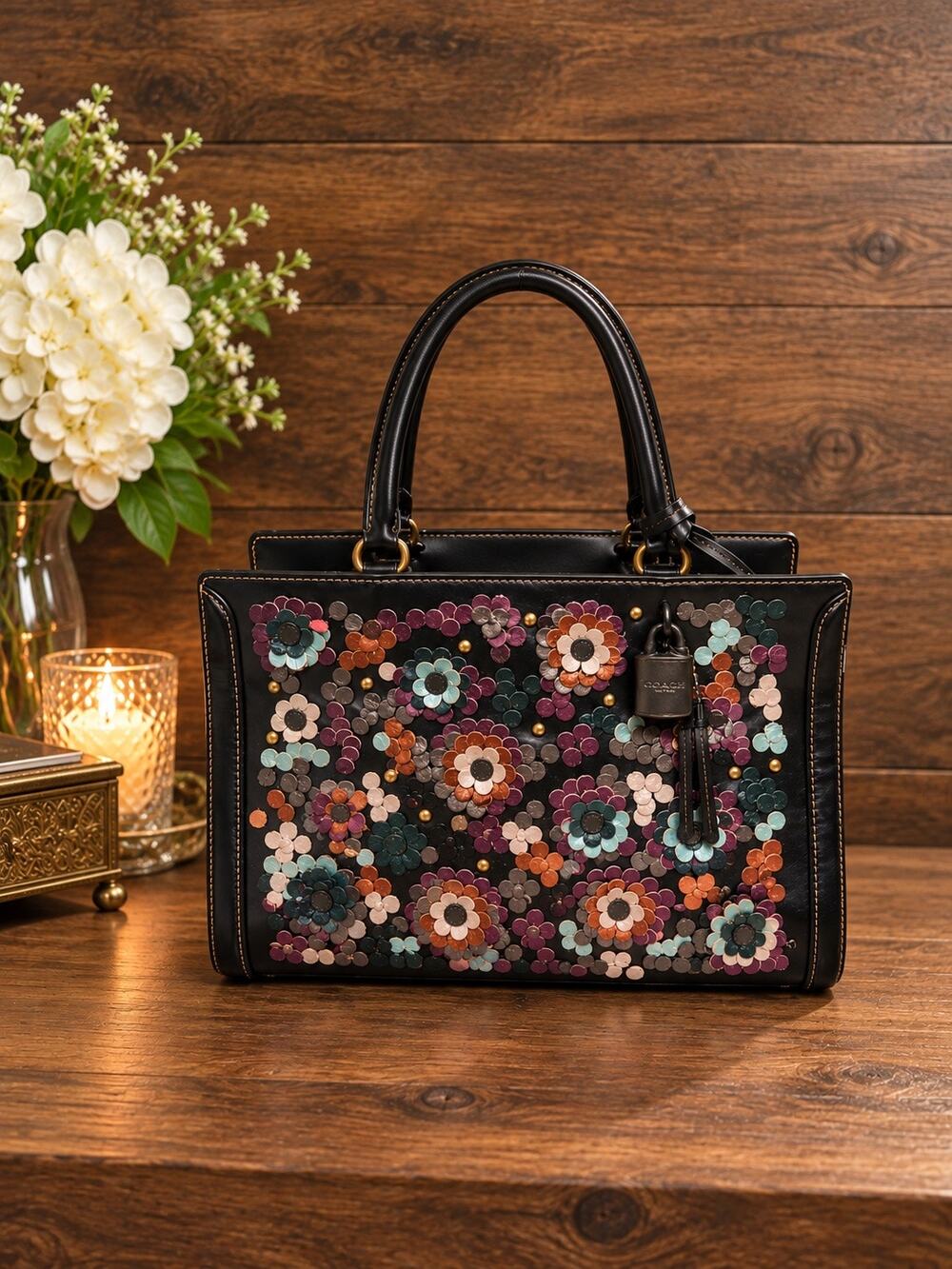 New Coach Tea Rose Zoe Coverall Satchel Black Floral Multicolor